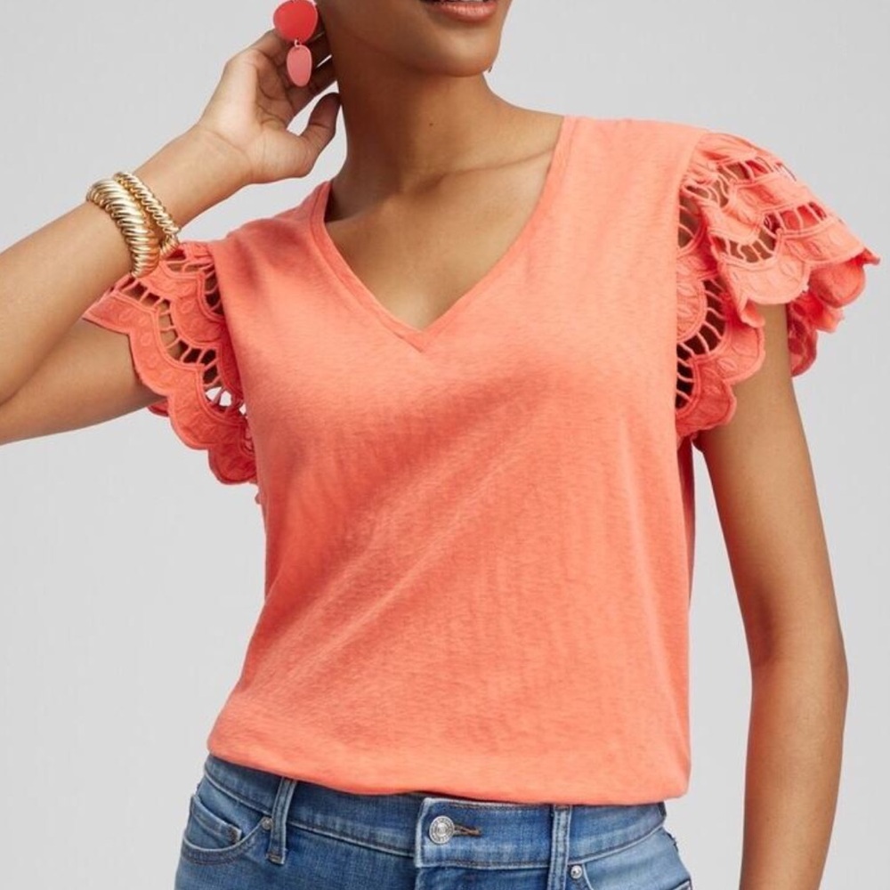 Chicos Women Sz 0 US S Nectarine Cotton Preppy V-Neck Tiered Eyelet Sleeve Top